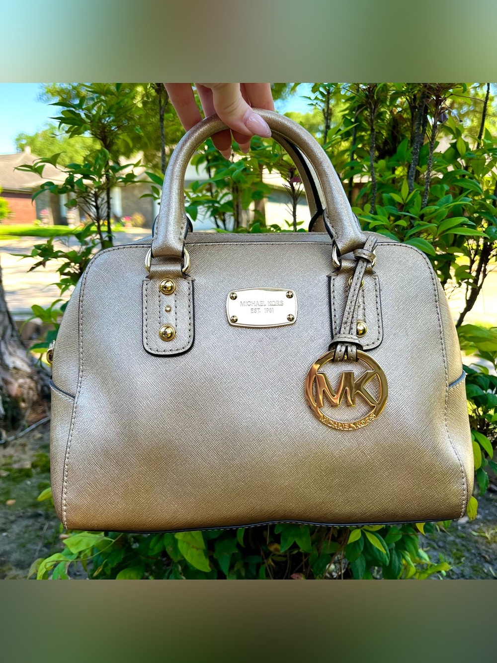 MICHAEL KORS Gold Selma Bowling Boston Bag Hope Mercer Tote